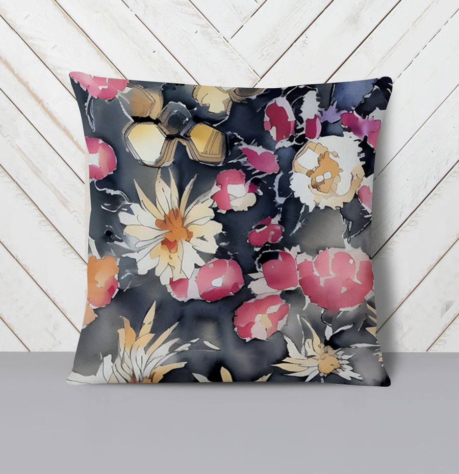 Pink Floral Garden Artwork Throw Pillow Cover