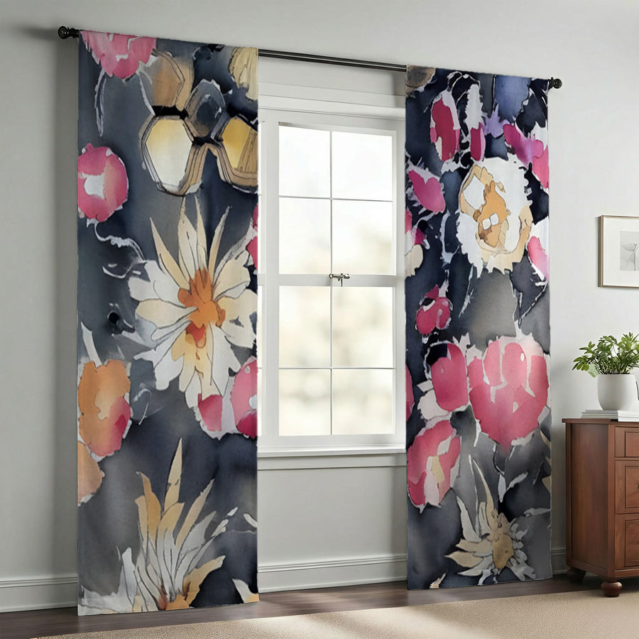 Pink Floral Garden Artwork Window Curtains