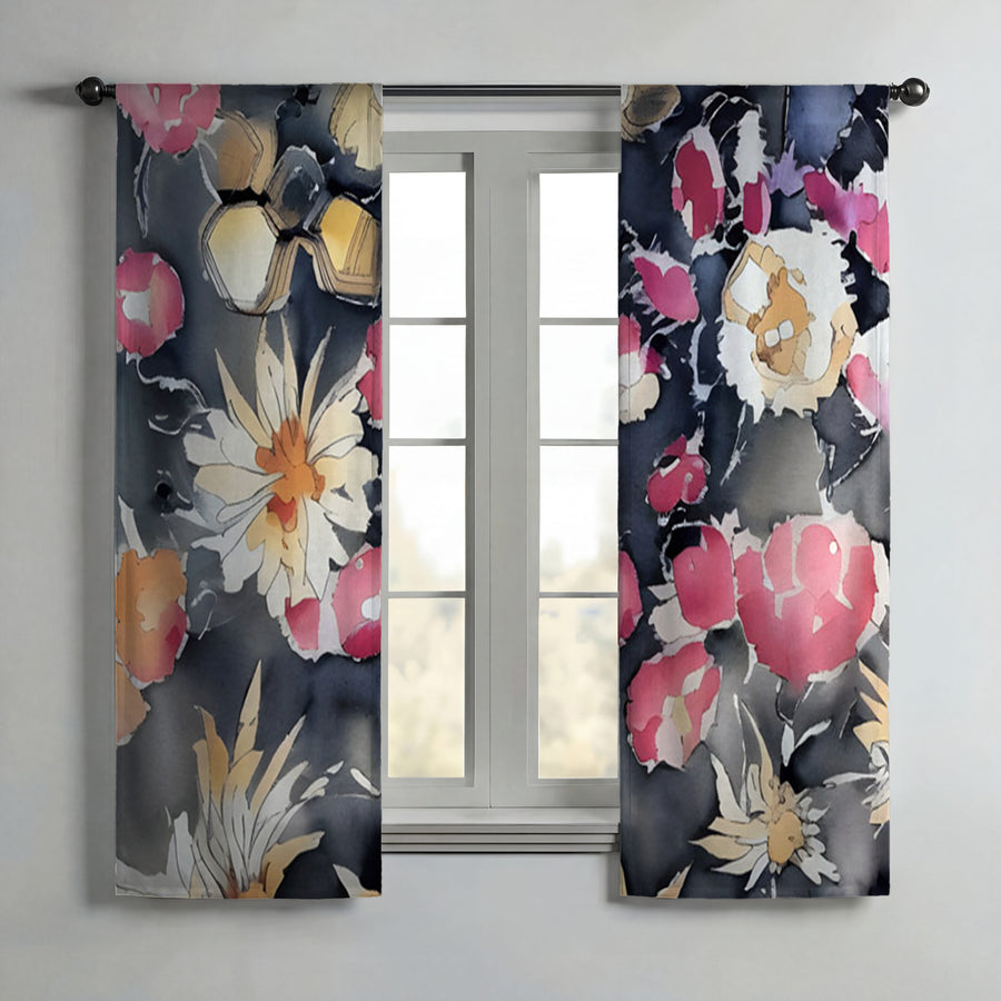 Pink Floral Garden Artwork Window Curtains