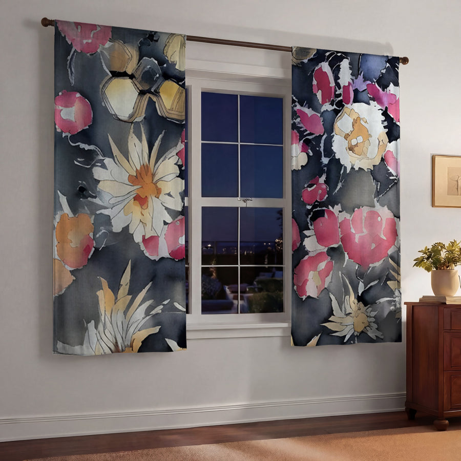 Pink Floral Garden Artwork Window Curtains