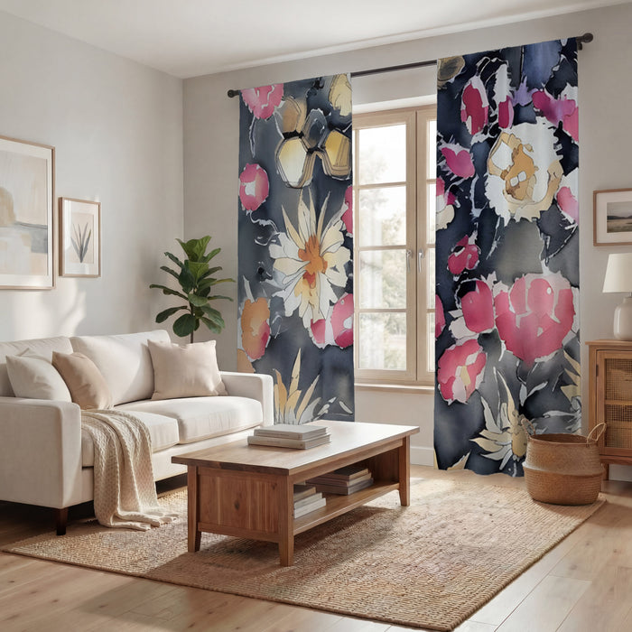Pink Floral Garden Artwork Window Curtains