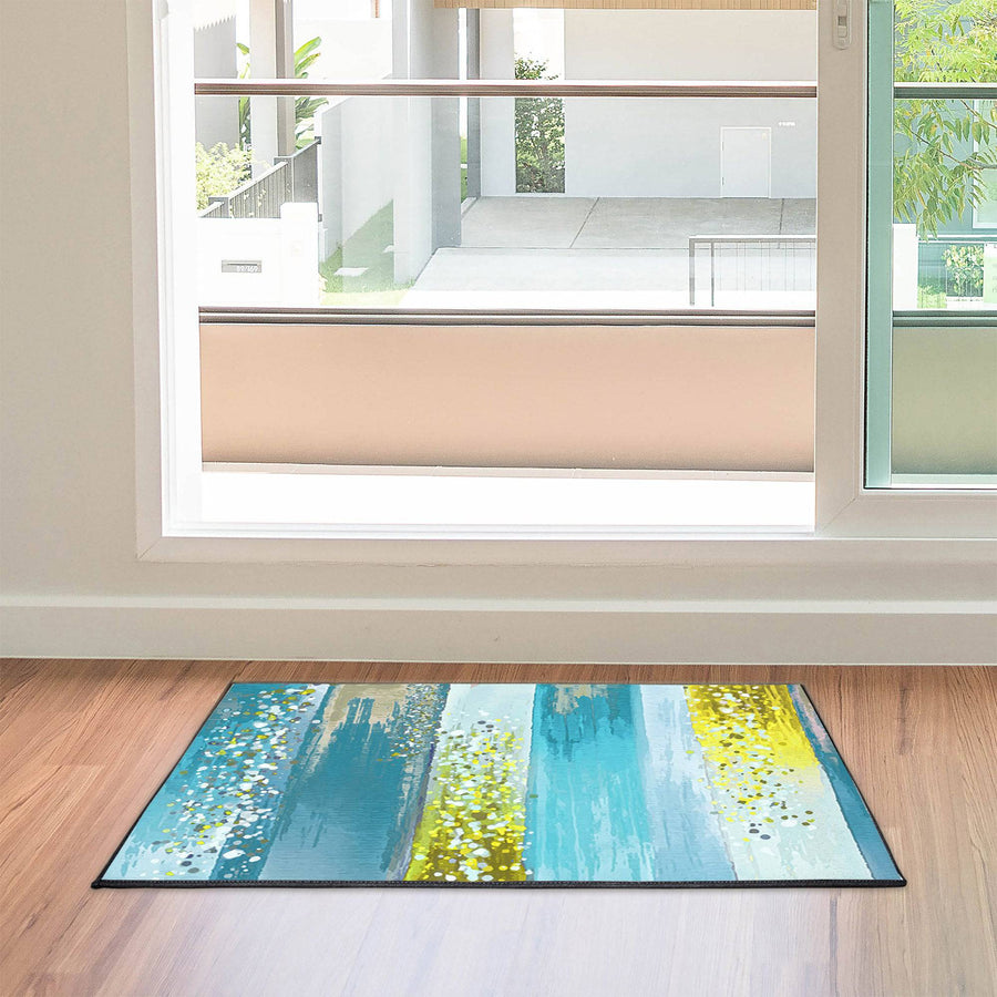 Striped Watercolor Boho Blue and Yellow Door Mat - Deja Blue Studios