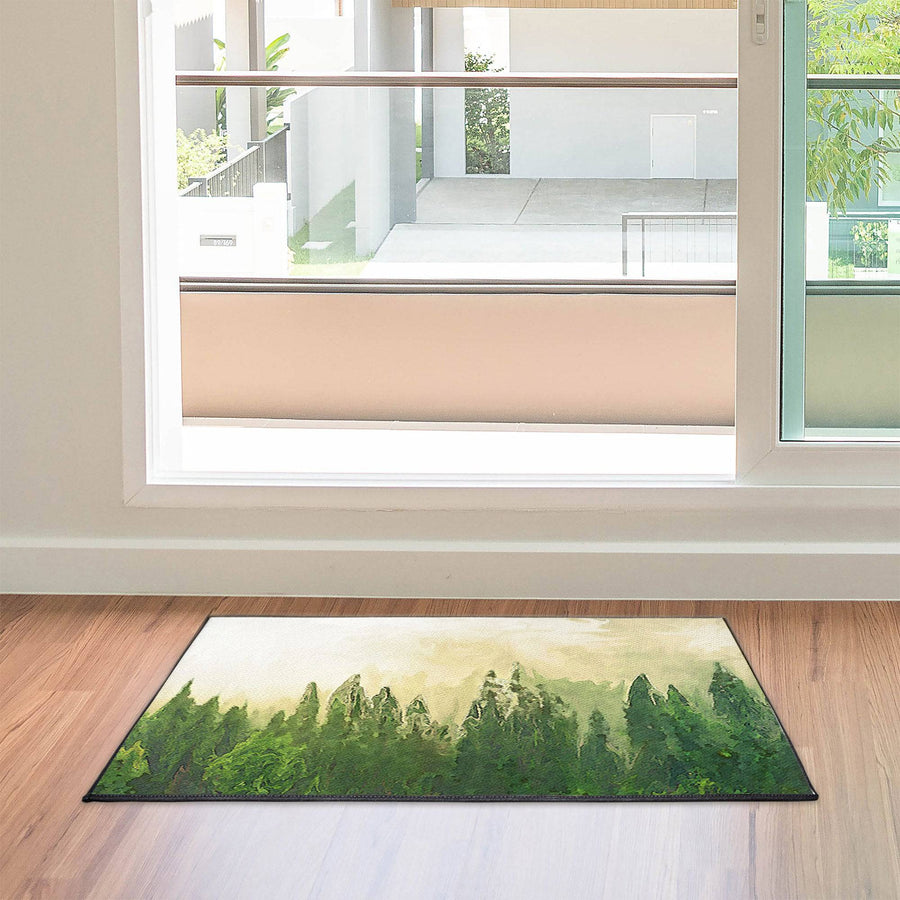 Foggy Pine Forest Door Rug | Front Doormat - Deja Blue Studios