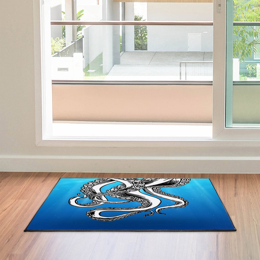 Deep Ocean Blue Nautical Octopus Door Rug | Front Doormat - Deja Blue Studios