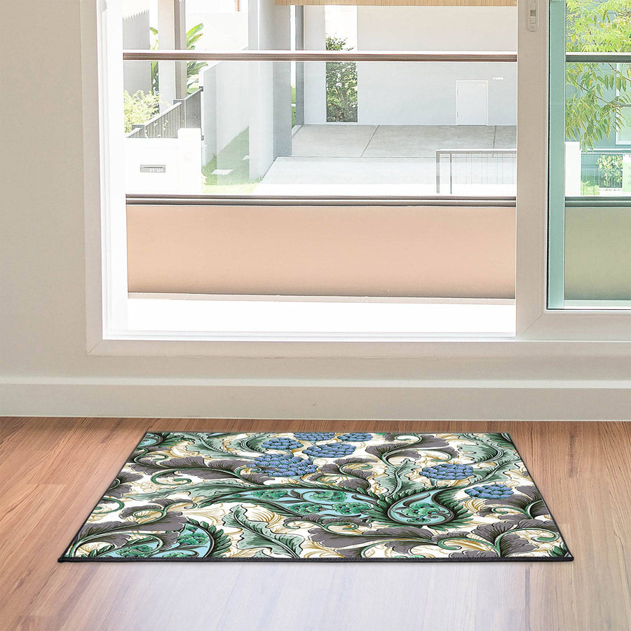 Blue and Green Paisley Abstract Door Rug | Front Doormat - Deja Blue Studios