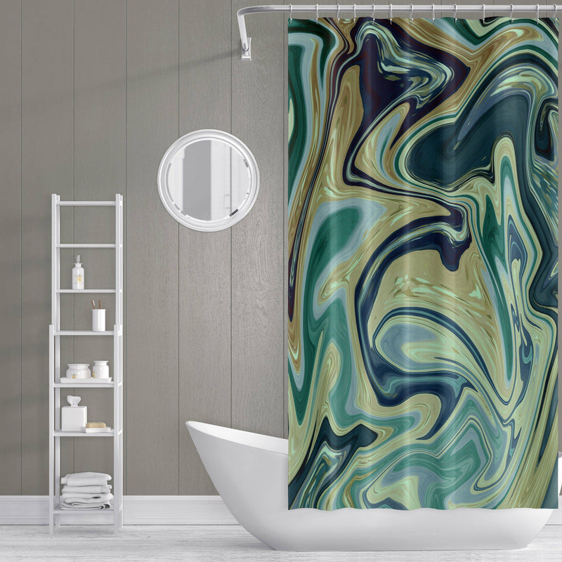 Marble Swirl Watercolor Boho Style Deep Ocean Shower Curtain - Deja Blue Studios