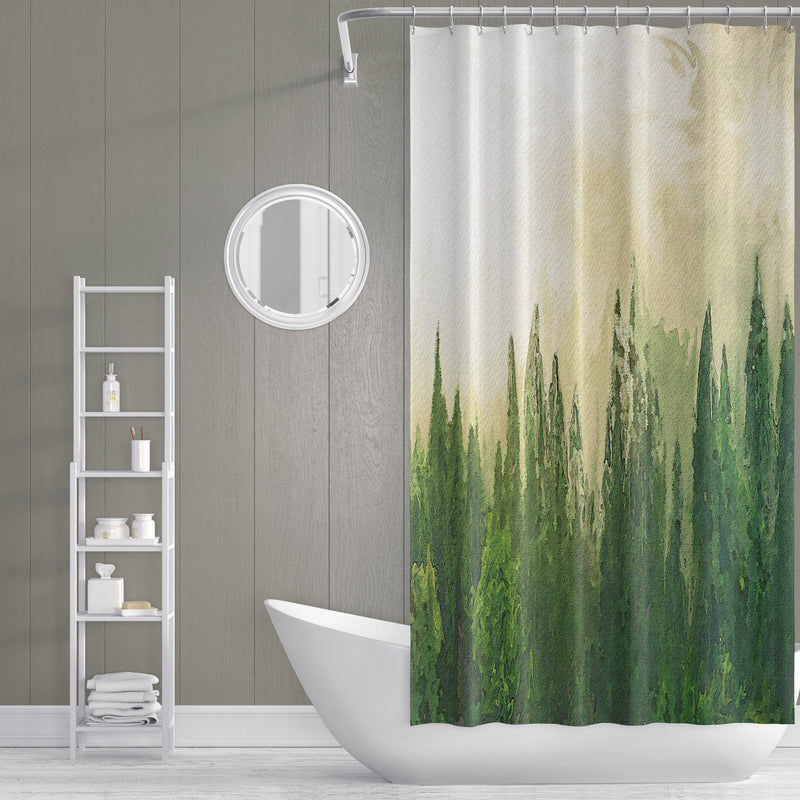 Beige and Green Foggy Pine Forest Shower Curtain - Deja Blue Studios