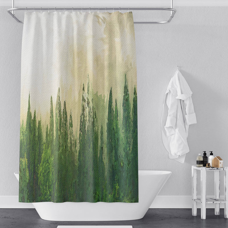 Beige and Green Foggy Pine Forest Shower Curtain - Deja Blue Studios