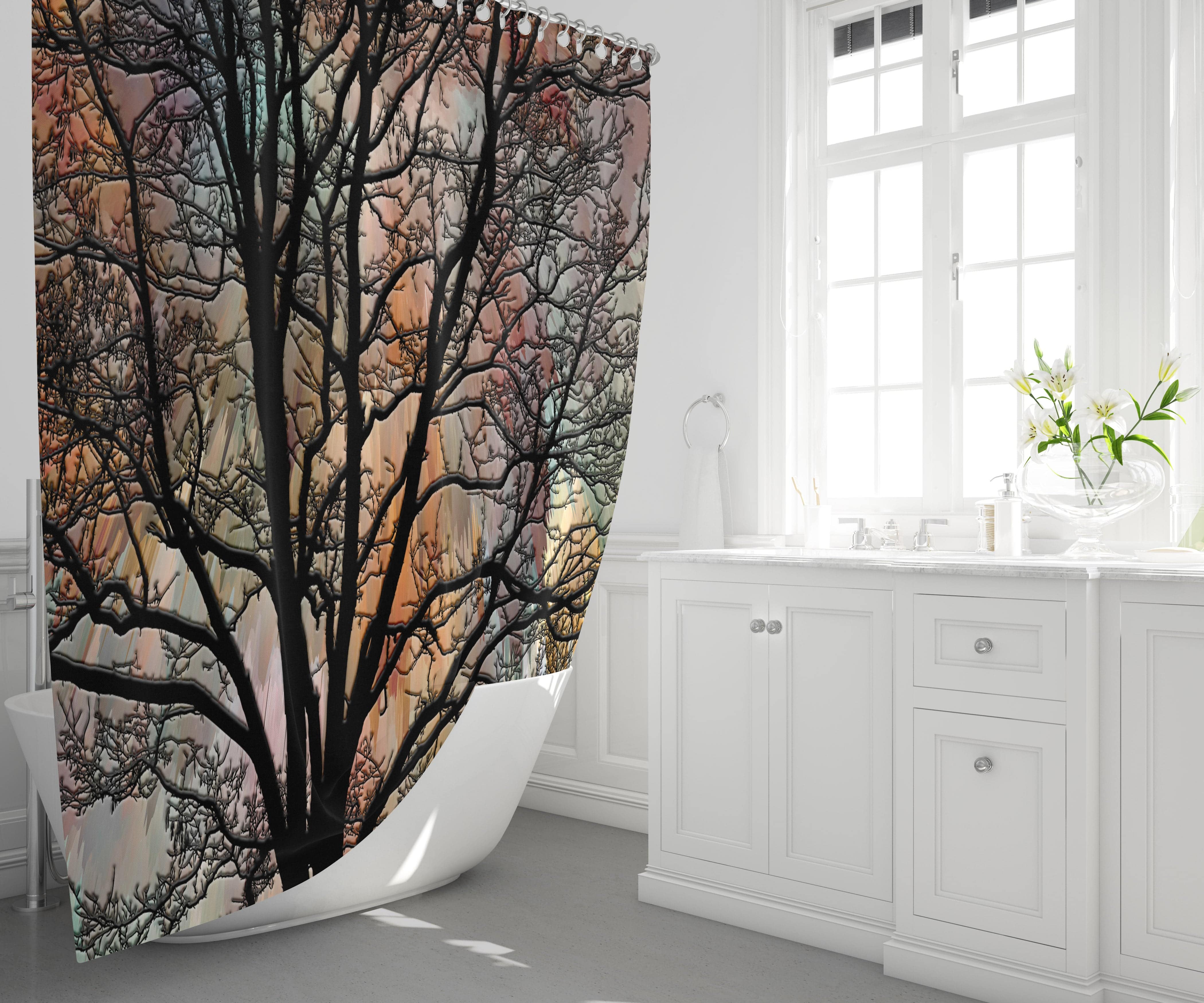 Woodsy Decor Lonely Tree Fall Black Branch Abstract Leaves Ombre Shower  Curtain 