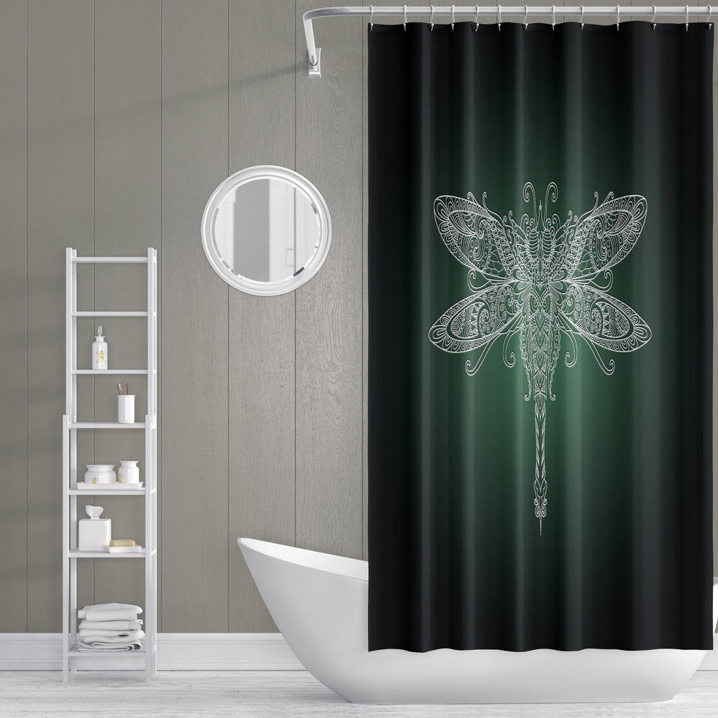 Green and Black Gradient Dragonfly Shower Curtain - Deja Blue Studios