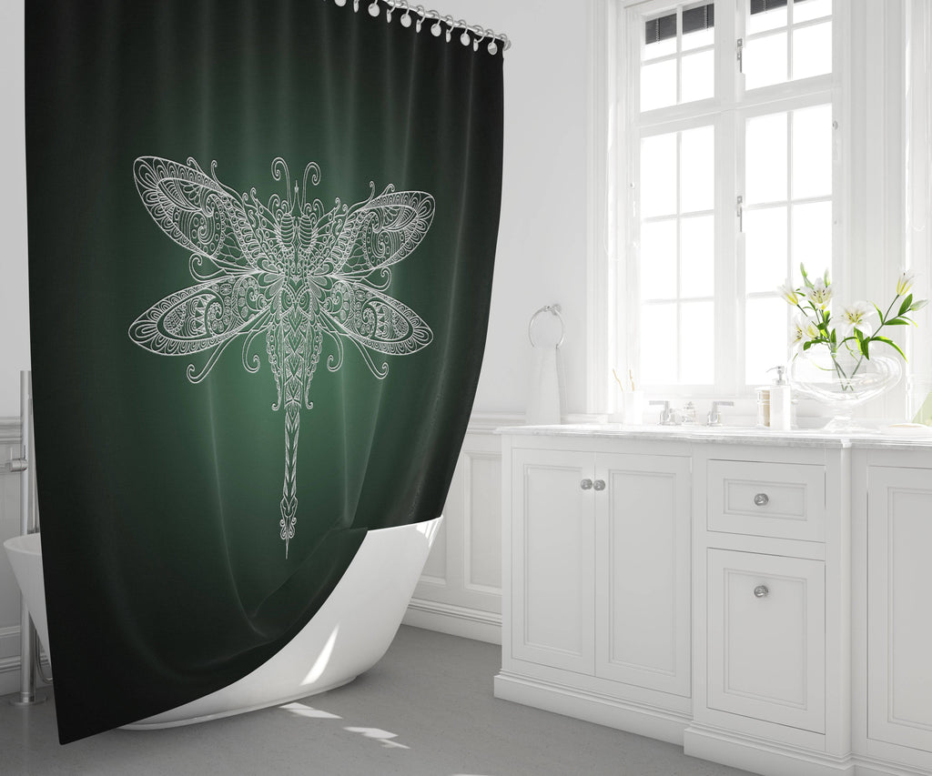 Green and Black Gradient Dragonfly Shower Curtain - Deja Blue Studios