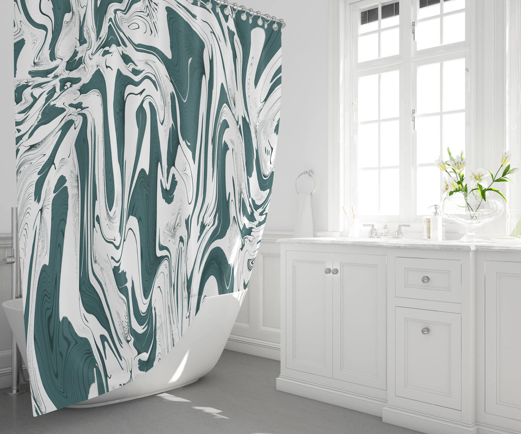 Teal and White Marbled Color Swirl Shower Curtain - Deja Blue Studios