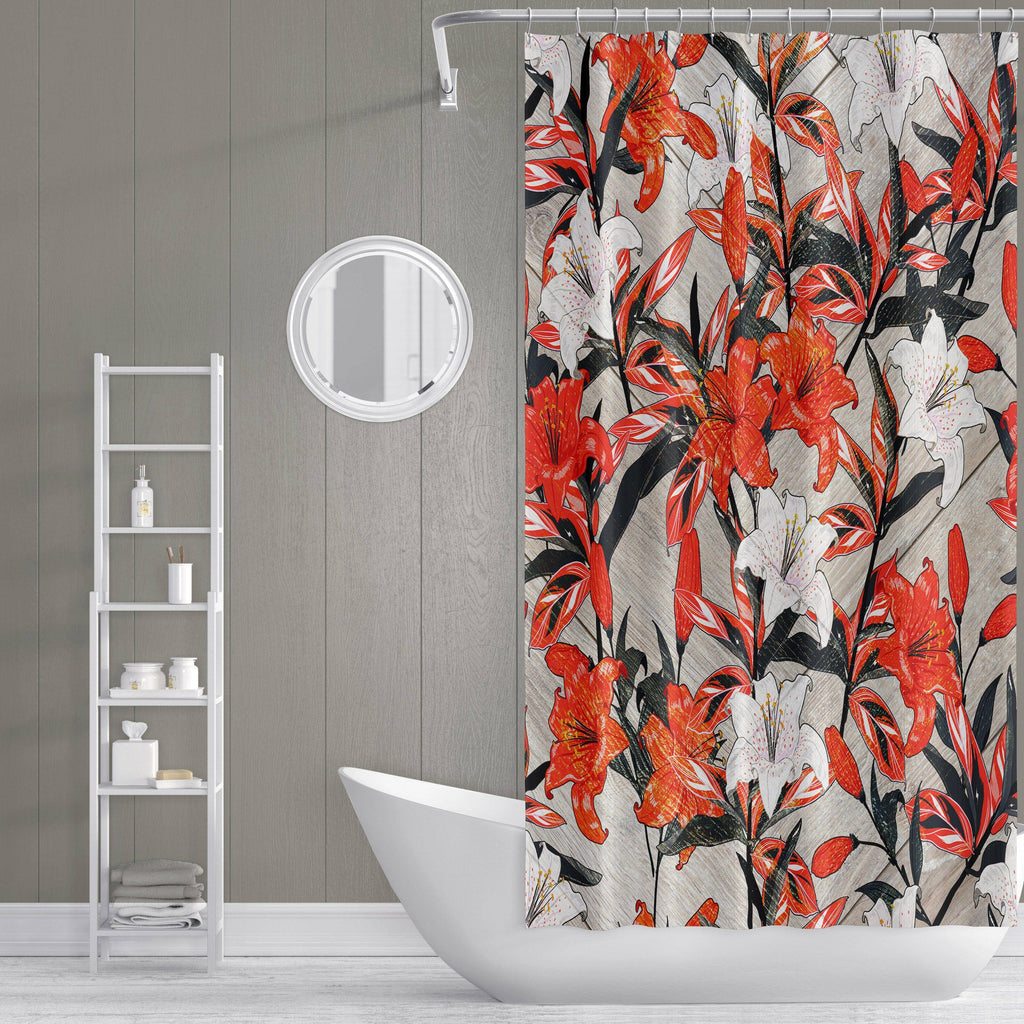 Modern Red and Black Floral Shower Curtain - Deja Blue Studios