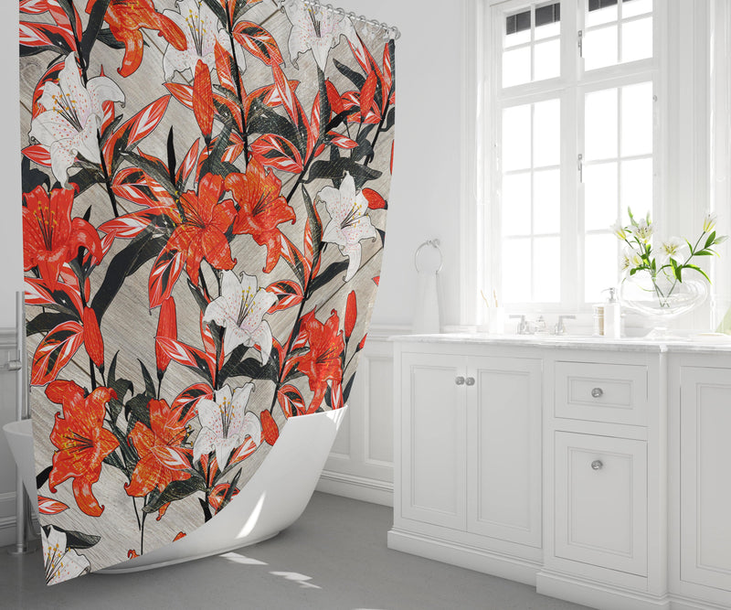 Modern Red and Black Floral Shower Curtain - Deja Blue Studios