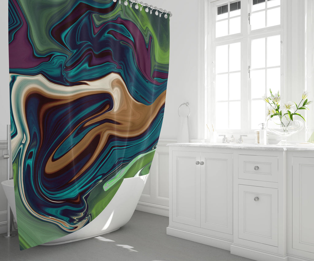 Green Multi Color Abstract Swirl Shower Curtain - Deja Blue Studios