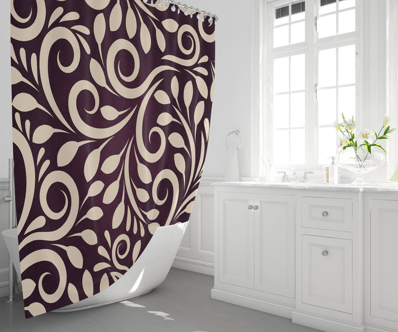 Large Ornate Pattern Beige and Burgundy Shower Curtain - Deja Blue Studios