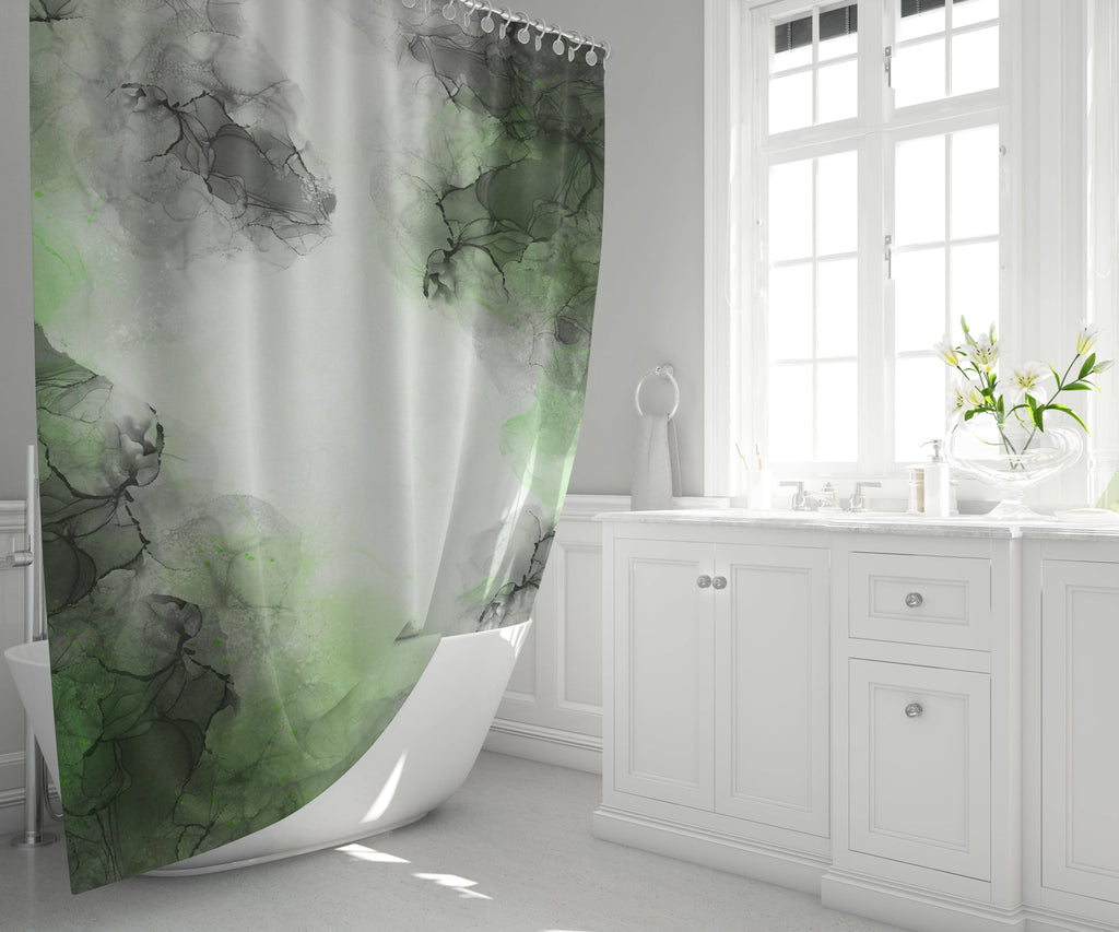 Green and Black Abstract Smoked Ice Shower Curtain - Deja Blue Studios