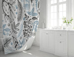 Blue and Black Forest Leaf Print Shower Curtain - Deja Blue Studios