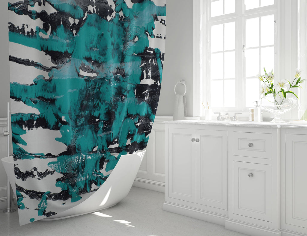 Blue and Black Abstract Paint Splatter Shower Curtain - Deja Blue Studios