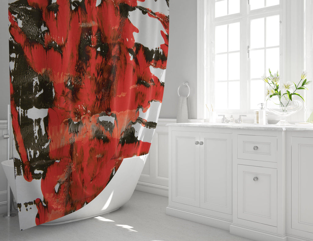 Red and Black Abstract Paint Splatter Shower Curtain - Deja Blue Studios