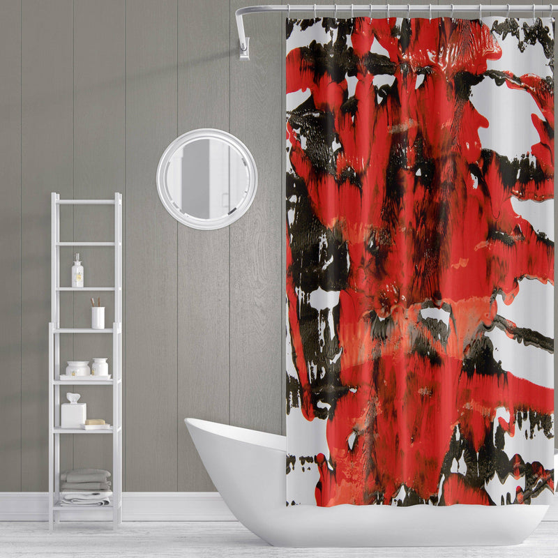 Red and Black Abstract Paint Splatter Shower Curtain - Deja Blue Studios