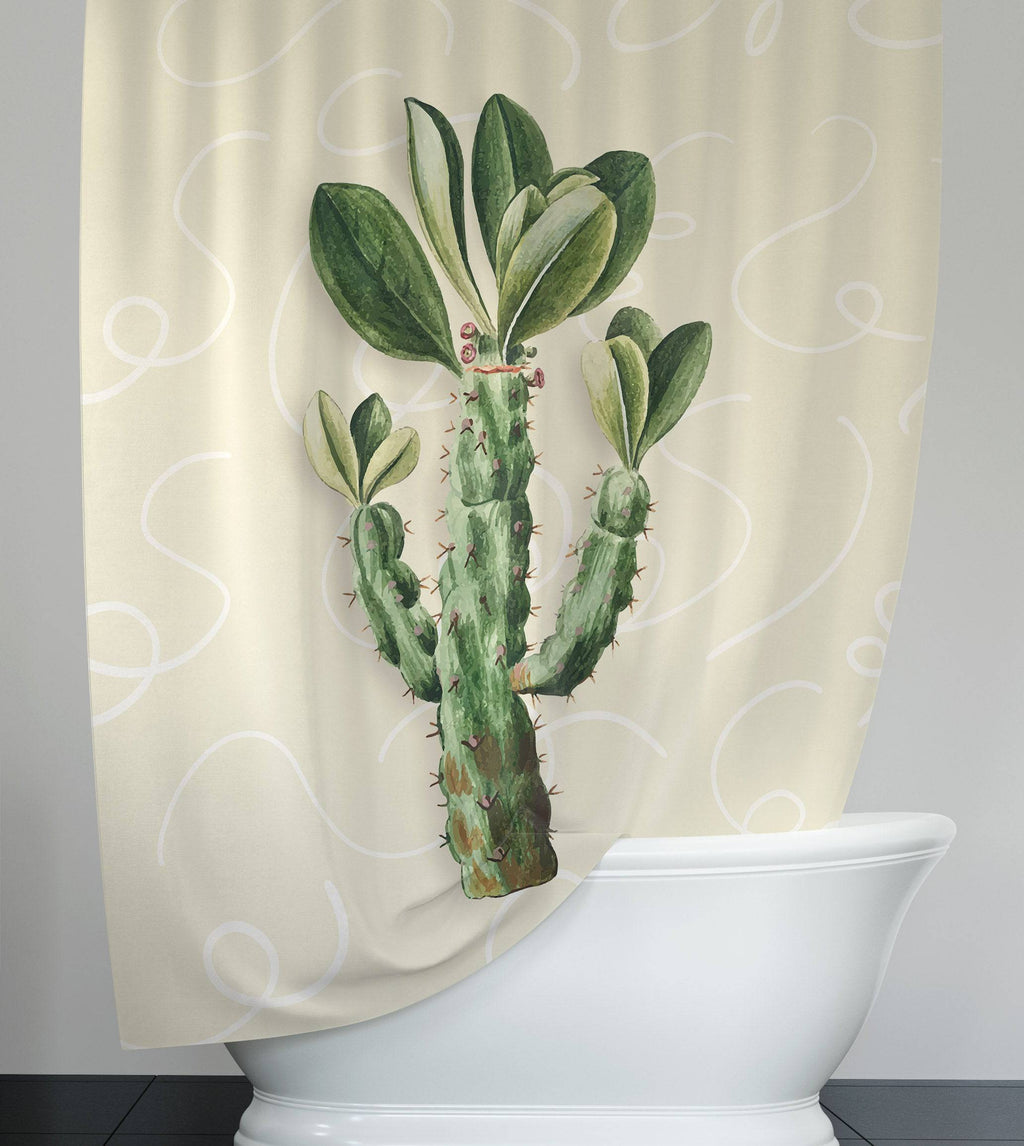 Chic Green Cactus on Beige Shower Curtain - Deja Blue Studios