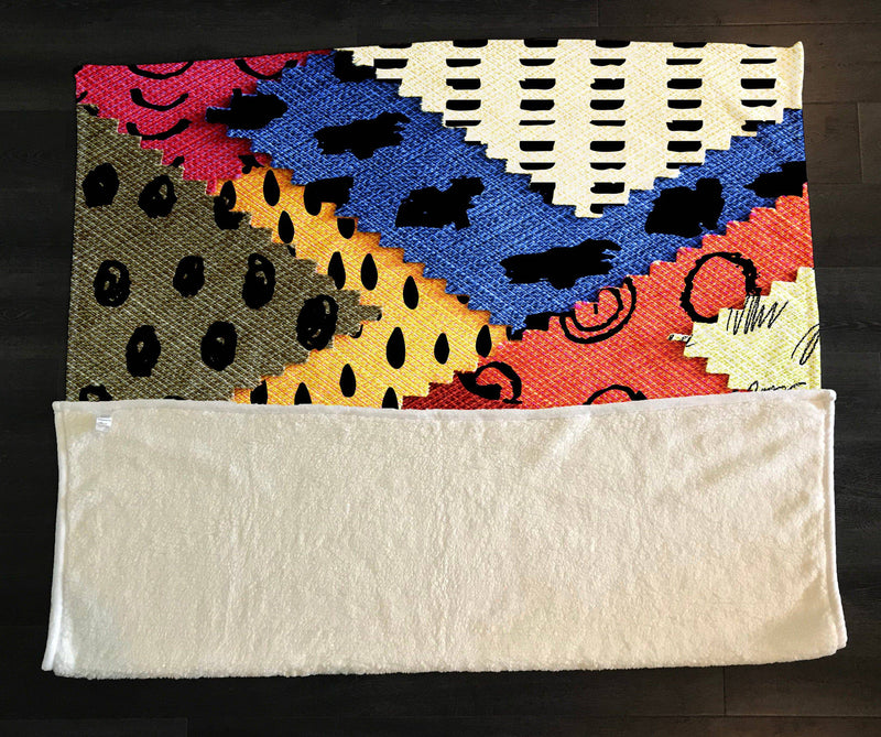 Abstract Fabric Faux Patchwork Print Fleece Sherpa Blanket | Large 68" x 80" Size - Deja Blue Studios