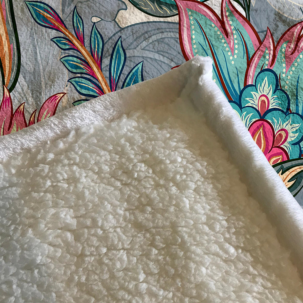 Gray Paisley Floral Design Fleece Sherpa Blanket | Large 68" x 80" Size - Deja Blue Studios