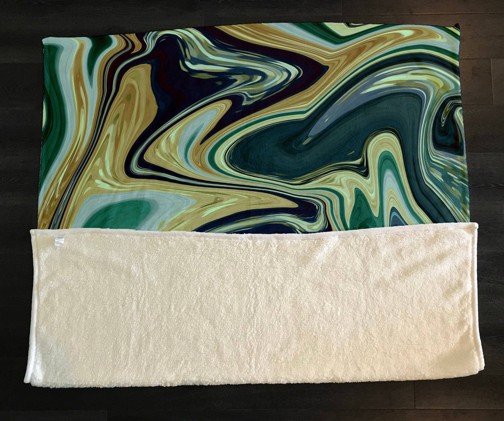 Marble Swirl Watercolor Boho Style Deep Ocean Fleece Sherpa Blanket | Large 68" x 80" Size - Deja Blue Studios