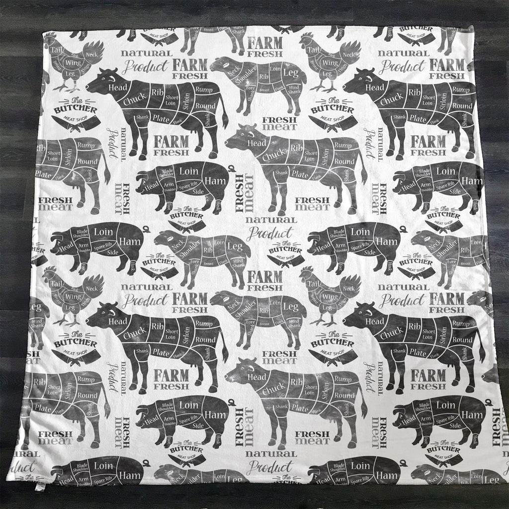 Gray Scale Farm Animal Fleece Sherpa Blanket | Cow, Pig, Sheep, Chicken | Farmhouse | Large 68" x 80" Size - Deja Blue Studios