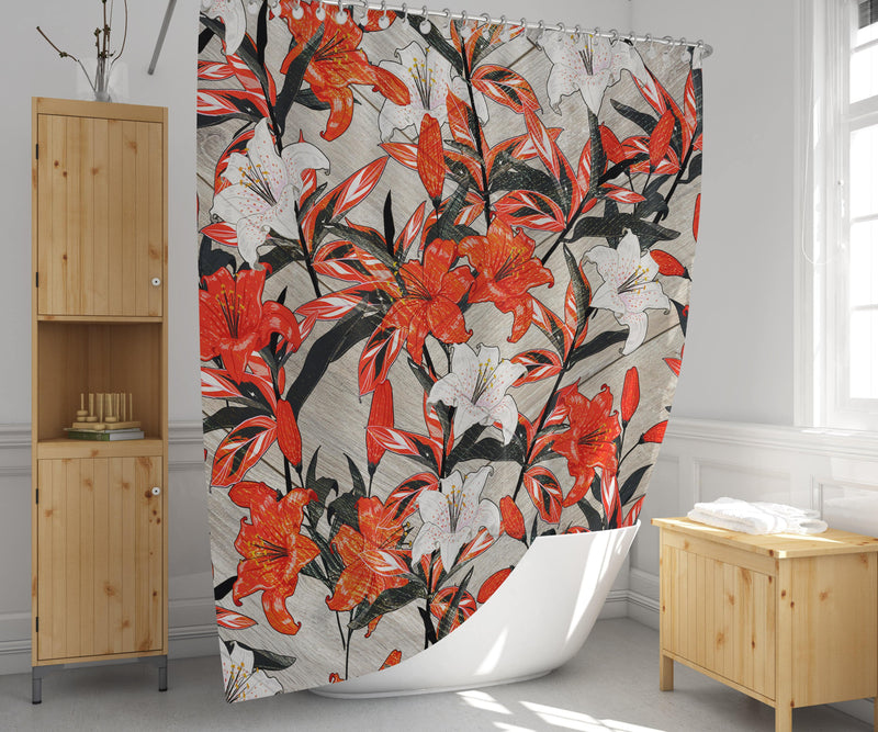 Modern Red and Black Floral Shower Curtain - Deja Blue Studios