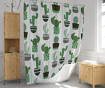 Whimsical Green Cactus on White Wood Shower Curtain - Deja Blue Studios