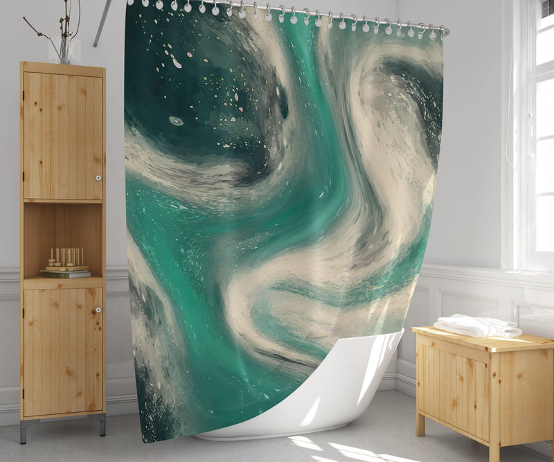 Aqua and Cream Abstract Smoke Swirl Shower Curtain - Deja Blue Studios