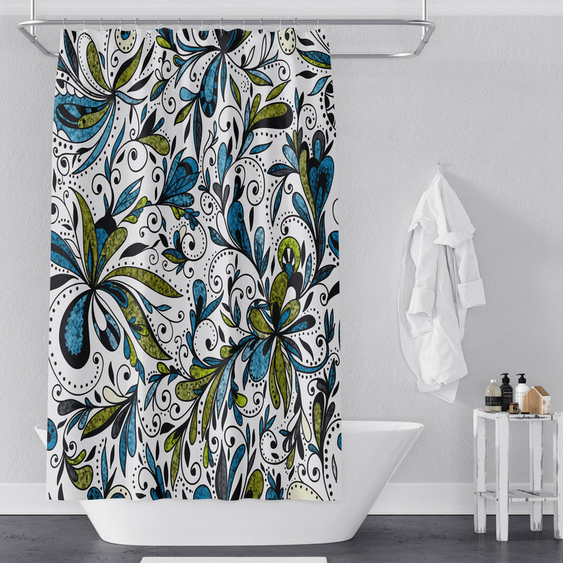 Blue and Green Glittered Floral Shower Curtain - Deja Blue Studios