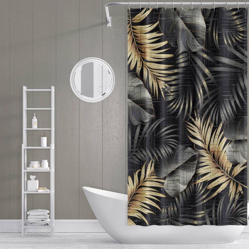 Black and Gold Monstera Fern Print Shower Curtain - Deja Blue Studios