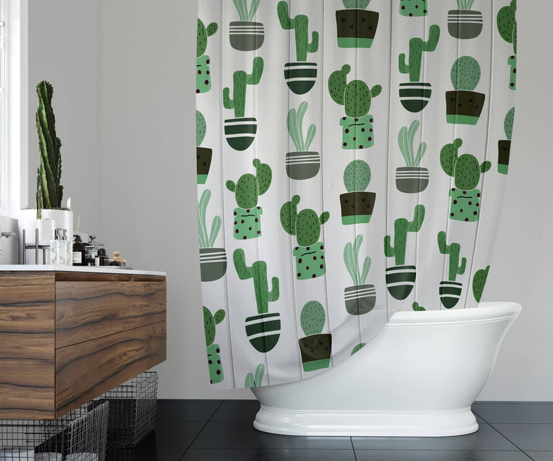 Whimsical Green Cactus on White Wood Shower Curtain - Deja Blue Studios