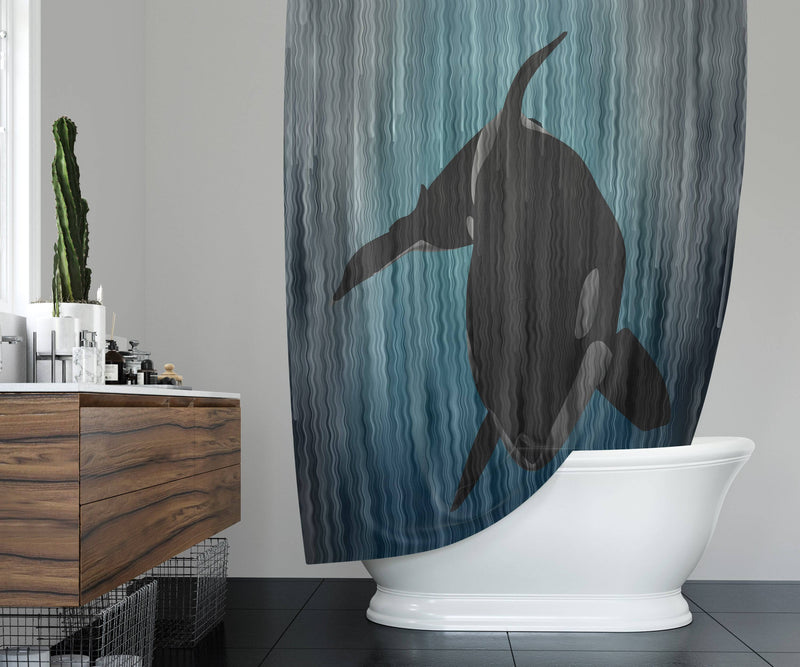 Killer Whale Shower Curtain with Optional Bathmat | Deep Ocean Blue Shower Decor | Orca | Whale Decor - Deja Blue Studios
