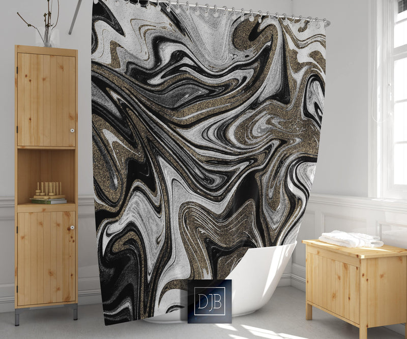 Black, Gold and Gray Color Swirl Shower Curtain | "White Tiger" | Abstract Bathroom Decor - Deja Blue Studios