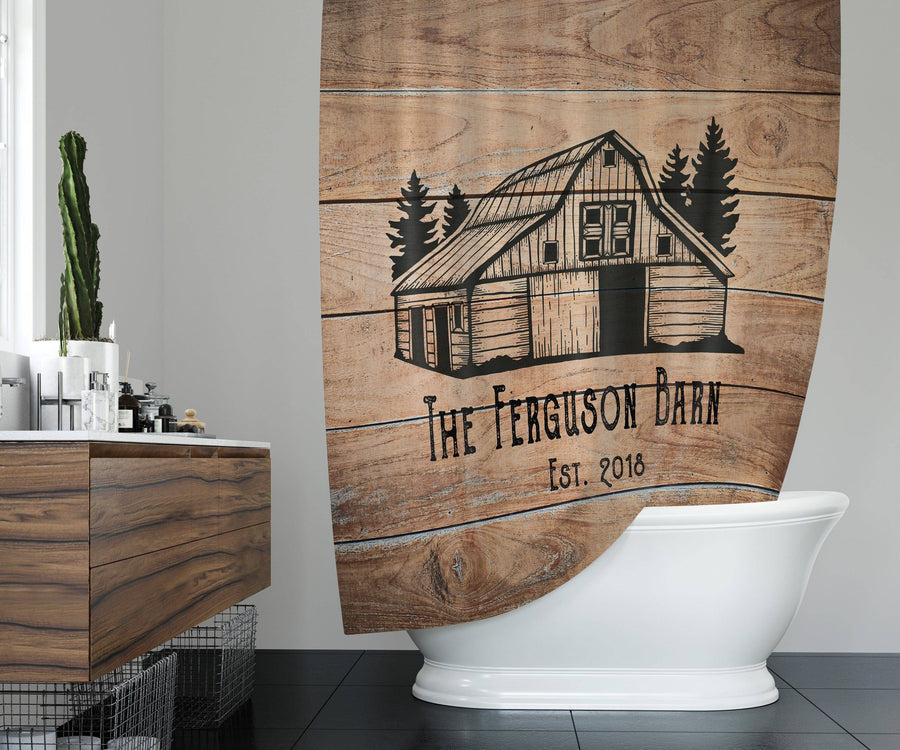 Shower Curtain Personalized Farmhouse Barn | Rustic Wood Print Background - Deja Blue Studios