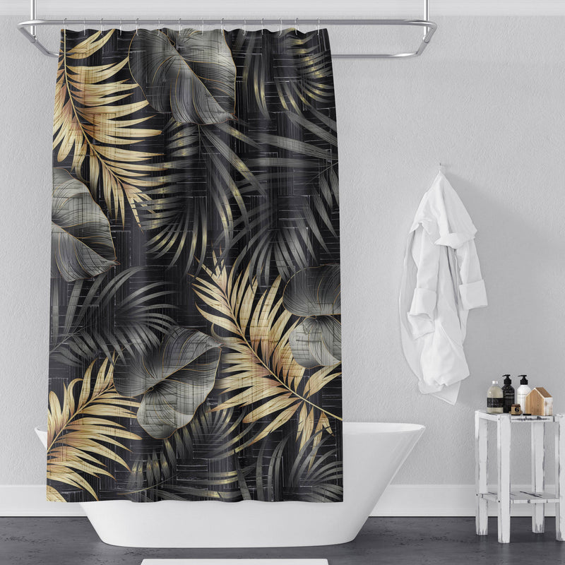 Black and Gold Monstera Fern Print Shower Curtain - Deja Blue Studios
