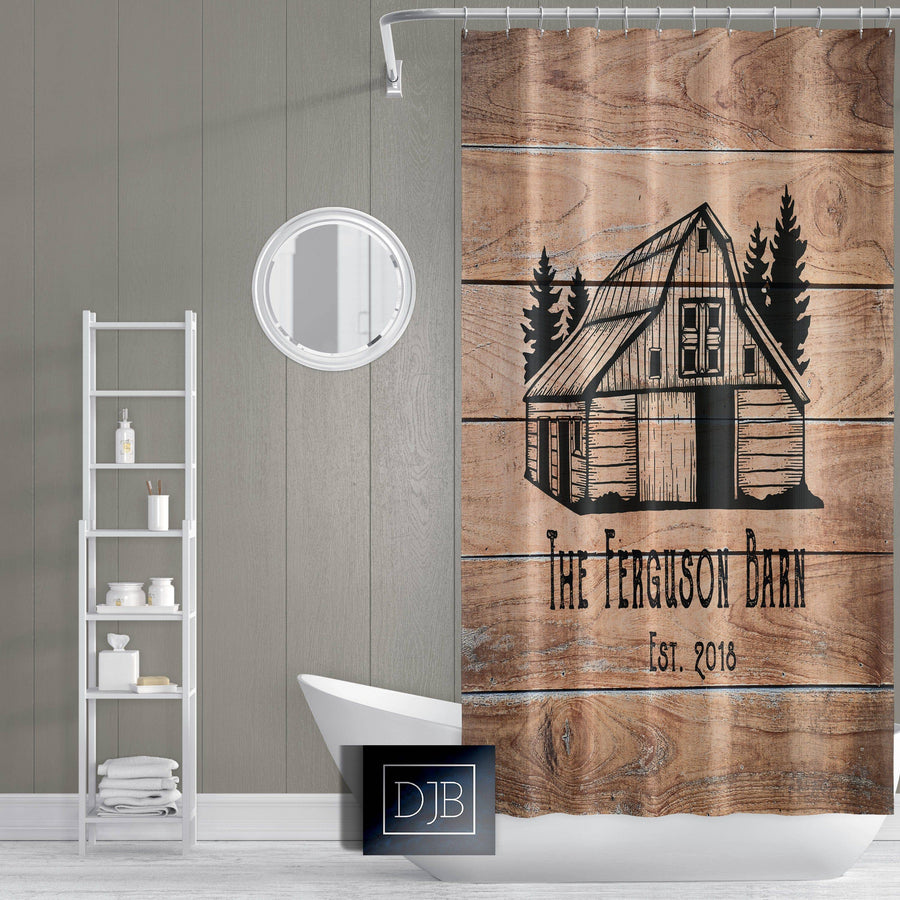 Shower Curtain Personalized Farmhouse Barn | Rustic Wood Print Background - Deja Blue Studios