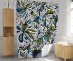 Blue and Green Glittered Floral Shower Curtain - Deja Blue Studios