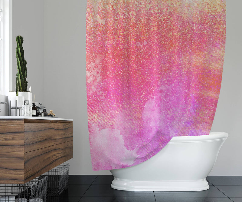 Pink Abstract Watercolor Shower Curtain with Optional Bathmat | Pink and Purple Shimmer Bathroom Decor - Deja Blue Studios
