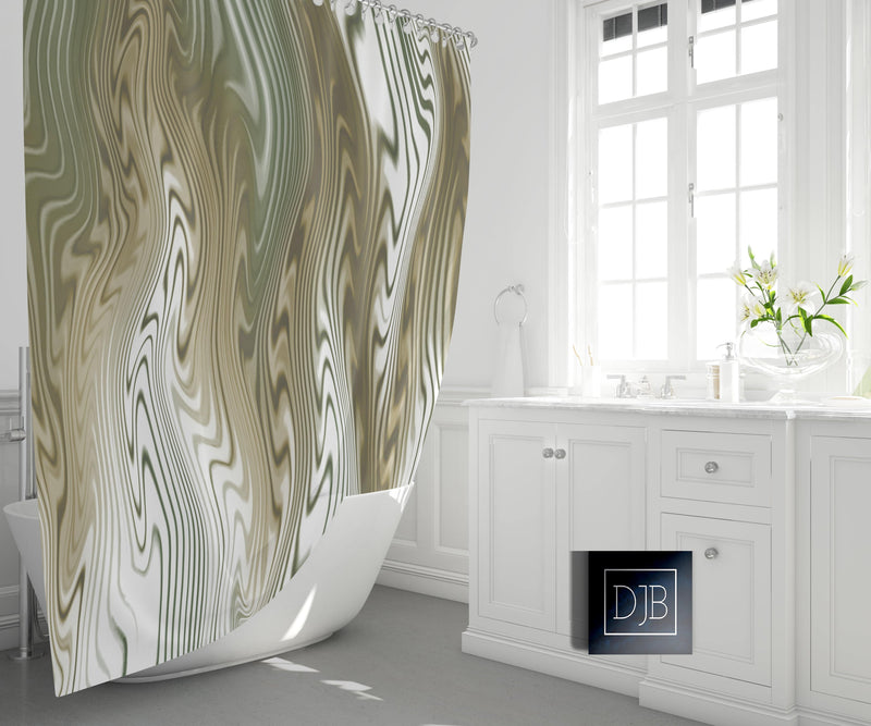 White and Earth Tone Wavy Striped Shower Curtain | Abstract Lines - Deja Blue Studios