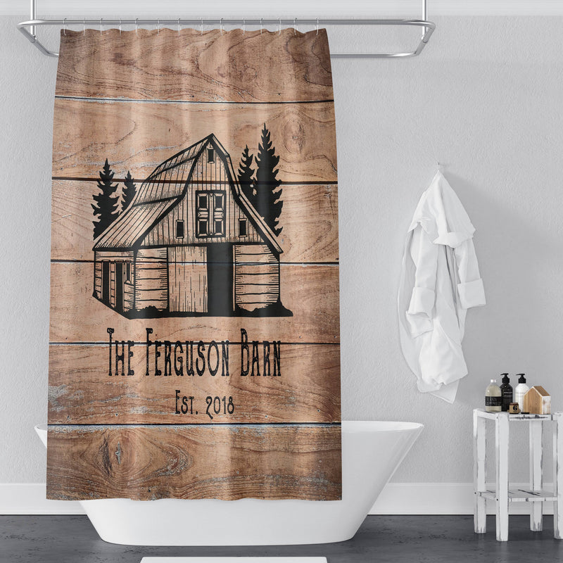 Shower Curtain Personalized Farmhouse Barn | Rustic Wood Print Background - Deja Blue Studios