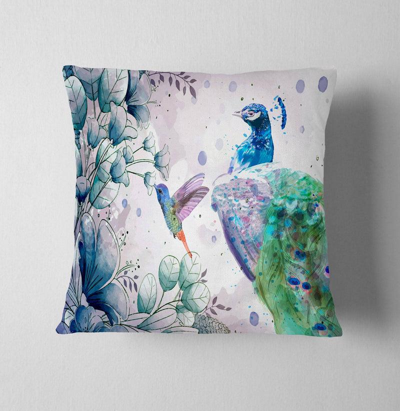 Watercolor Peacock and Humming Bird Throw Pillow - Deja Blue Studios