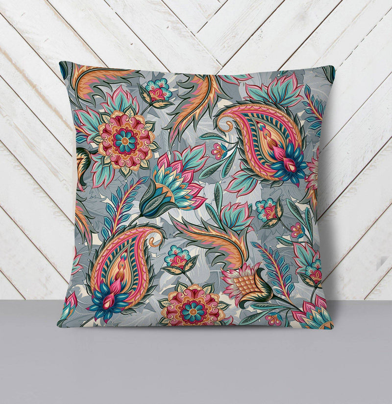 Gray Paisley Floral Design Throw Pillow - Deja Blue Studios