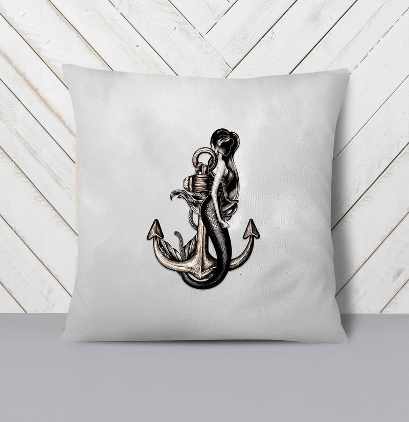 Hand Drawn Mermaid on the Anchor Throw Pillow - Deja Blue Studios