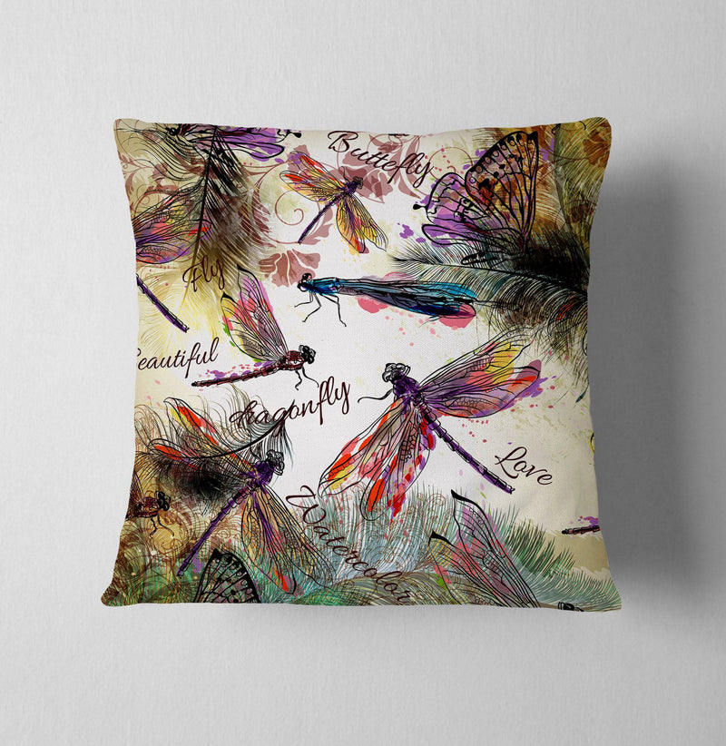 Boho Watercolor Dragonfly Throw Pillow - Deja Blue Studios