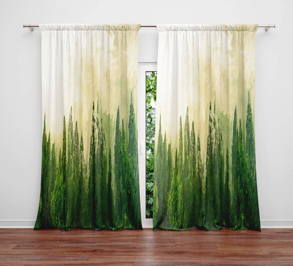 Beige and Green Foggy Forest Window Curtain Panels - Deja Blue Studios